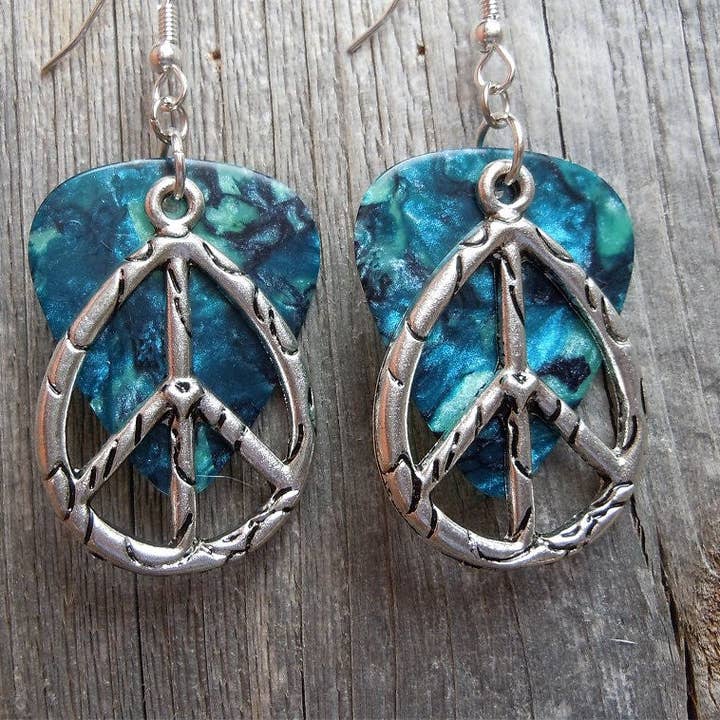 Simply Raevyn - Wholesale Dangle Earrings - Large Oval Peace Sign Charm Guitar Pick Earrings6