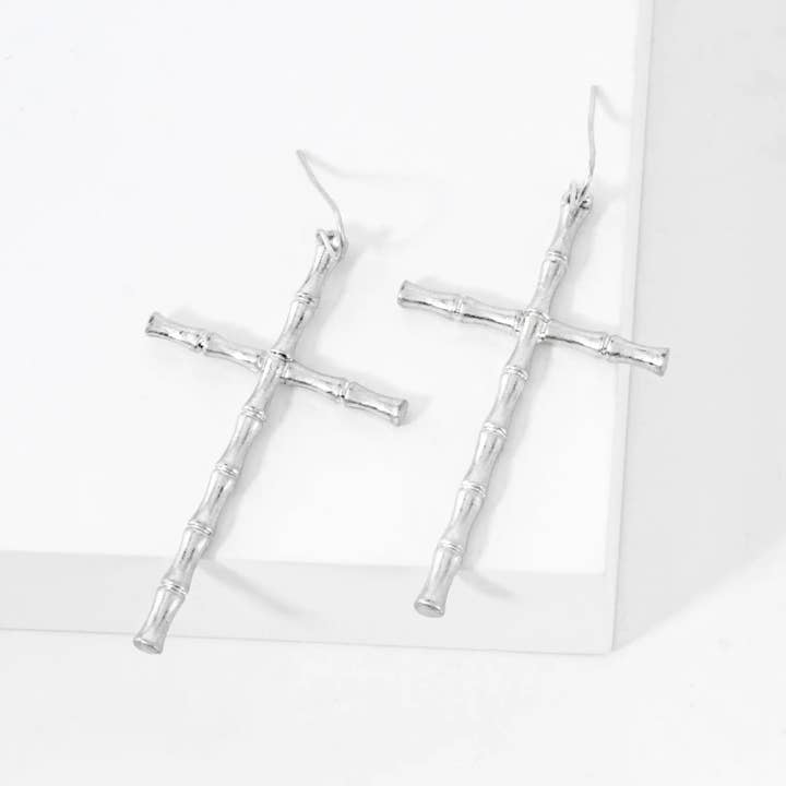 Wild Honey - Wholesale Dangle Earrings - Bamboo-Texture Metal Cross Dangle Earrings