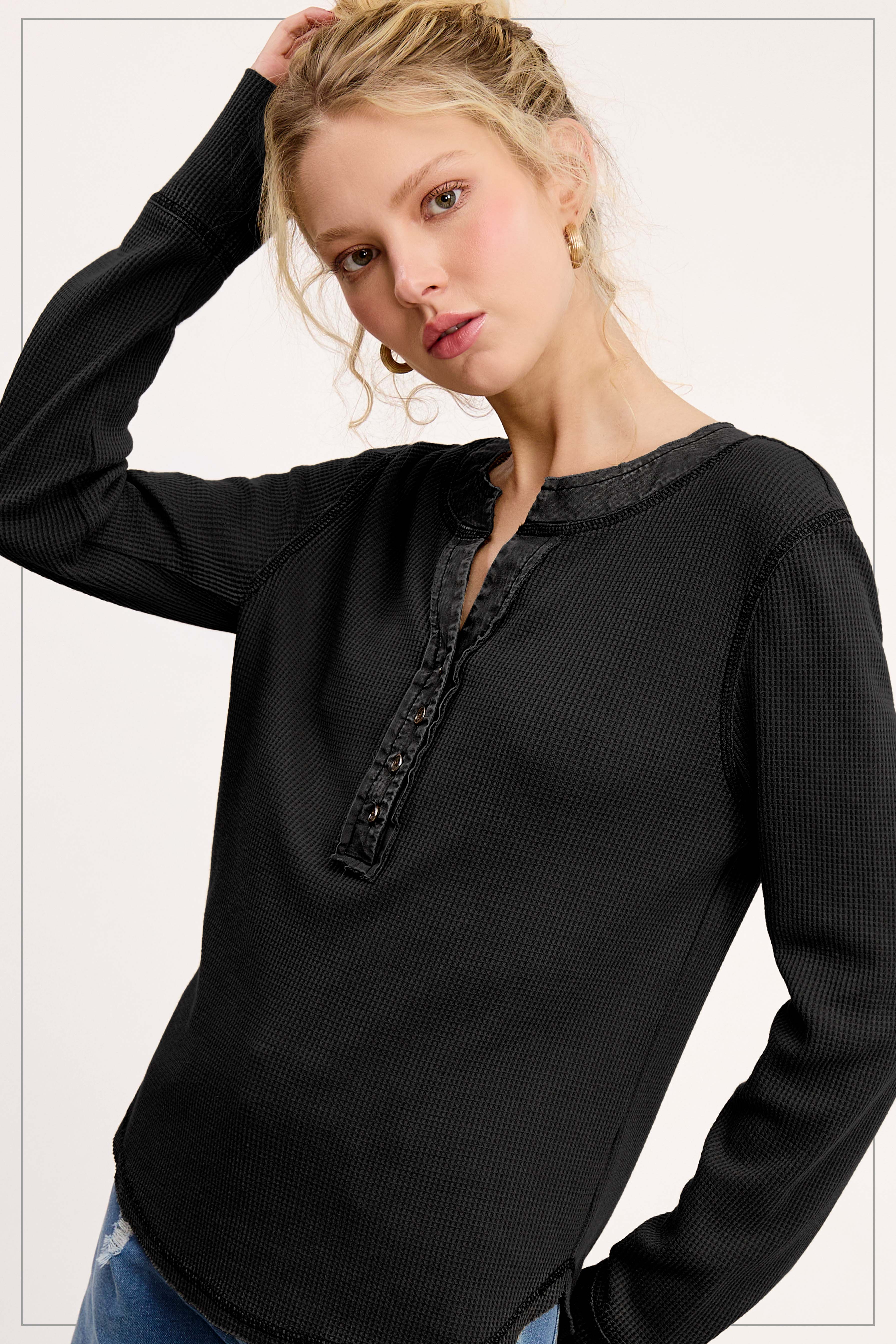 La Miel - Vente Haut en maille – femme - HCT7679-Haut thermique Henley à manches longues et boutonné sur le devant16