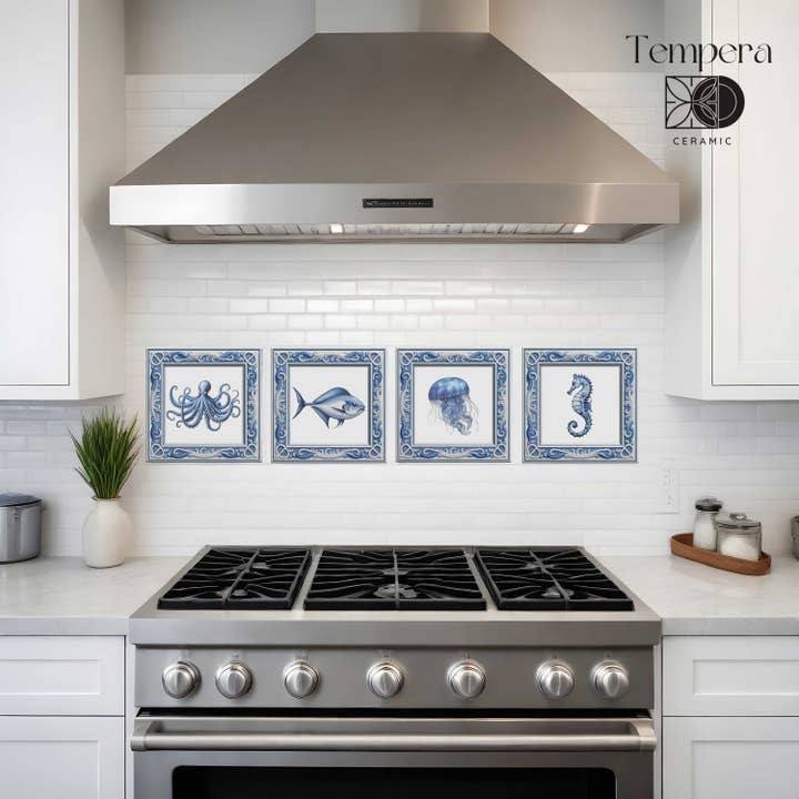 Azulejos de Fundo com Acento de Animais Náuticos, conjunto de azulejos Seaworld por atacado de Tempera Art