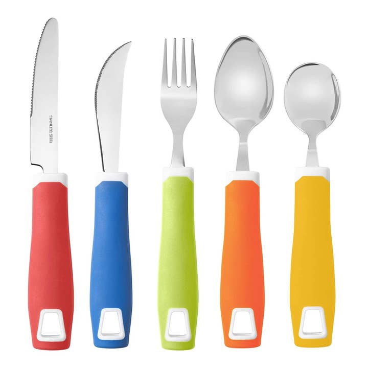 Set of 5 Colored Adaptive Utensils - Stainless Steel Knife, Rocker Knife, Fork, Soup Spoon, Dinner Spoon for wholesale by Special Supplies
