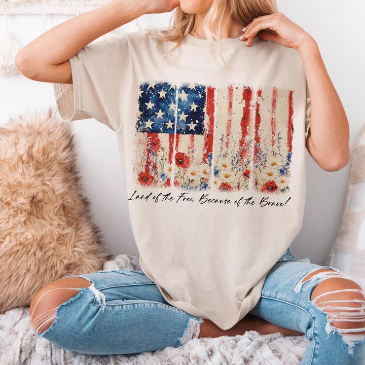 DTF Full Color Transfer - Land of the Free Floral Flag for wholesale by Small Biz Shipping Co