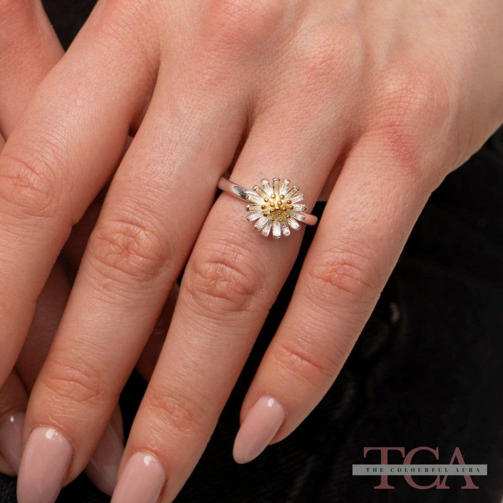 The Colourful Aura – wholesale Single stone/solitaire ring – Silver Sunflower Daisy Tiny Slim Adjustable Floral Stackable Ring0