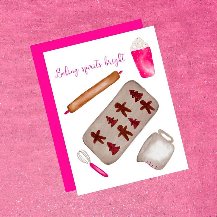 Carte de Noël rose vif Holiday Christmas Baking Spirits pour la vente par Tiffany Ascensio Designs | Watercolor Greeting Cards