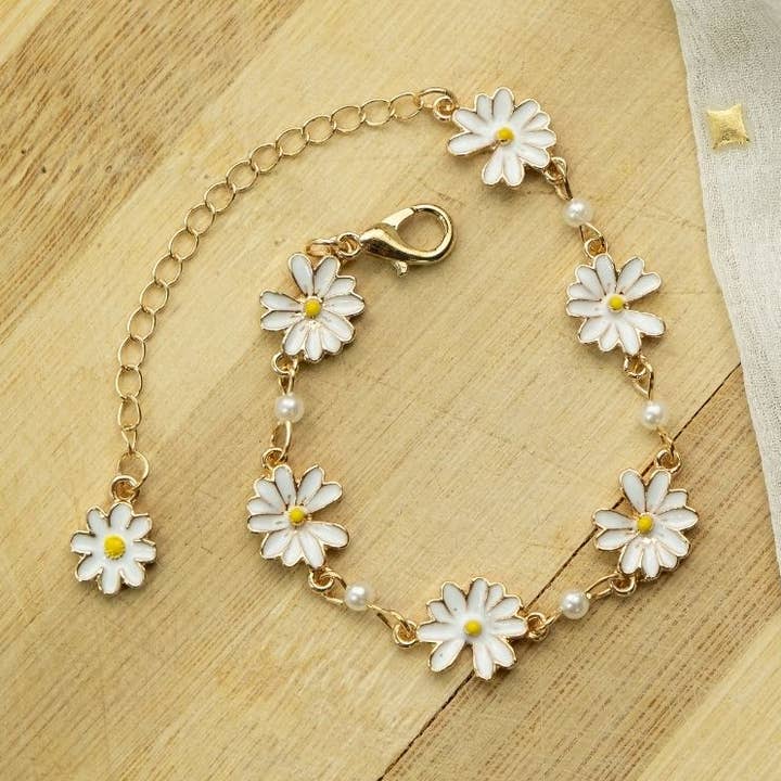 Gold Plated Sun Flower Charms Summer Indie Boho Daisy Floral Adjustable Bracelet for wholesale by The Colourful Aura