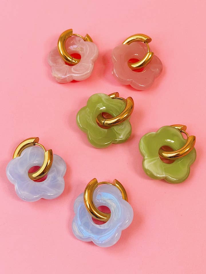 Daisy Stone Chunky Hoop Earrings - Bold, Y2K, Colorful, Cute for wholesale by Golden Hour Designs