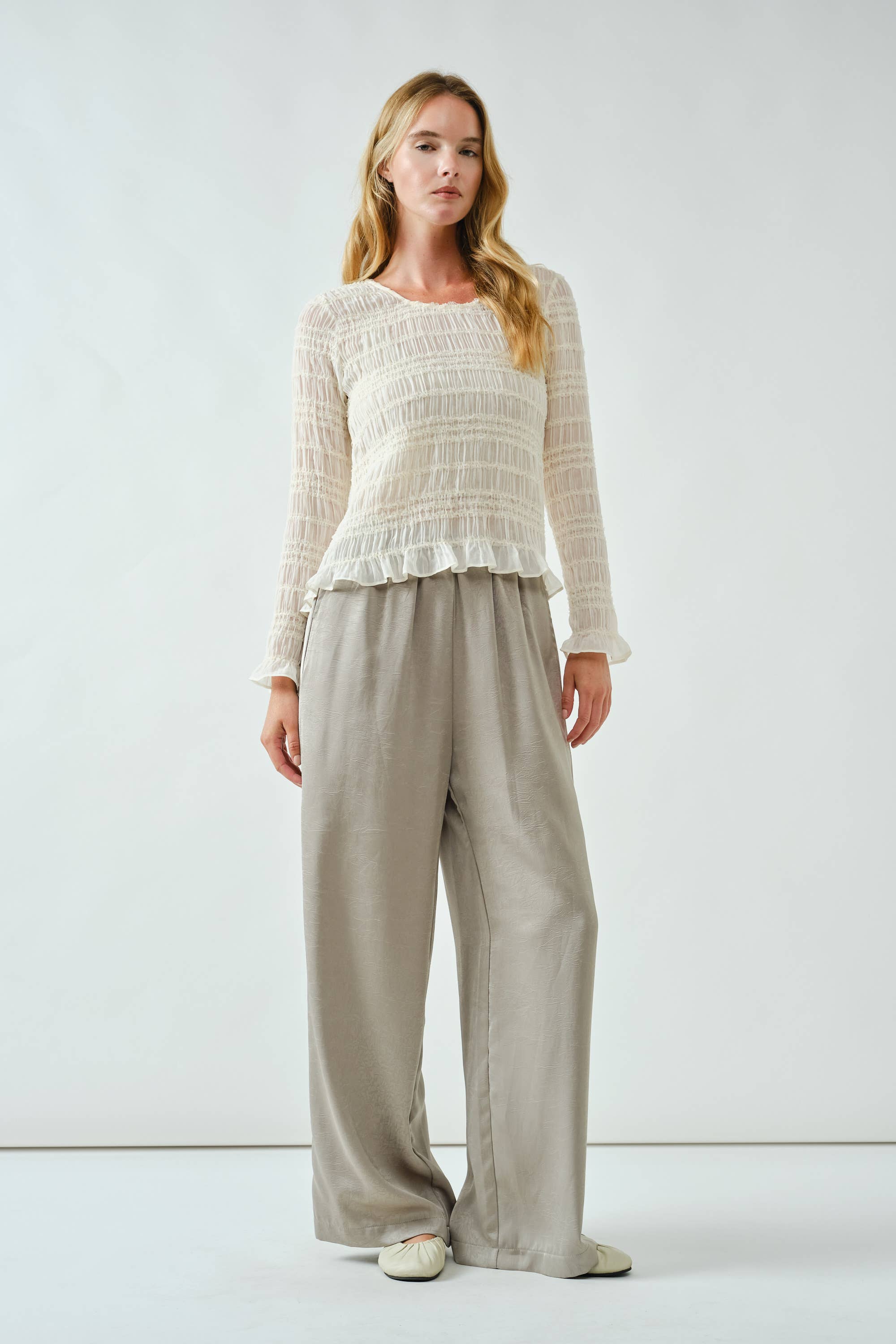 Aaron & Amber - Wholesale Knit Top - Women's - AJT5432 LACE DETAIL SHEER SMOCKING TOP19