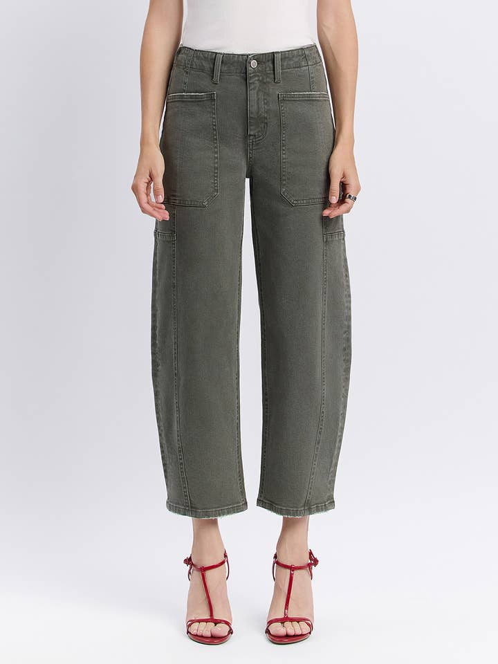 DEEP FOREST SUPER HIGH RISE ELASTIC WAISTBAND BARREL JEANS F5831DPF for wholesale on Faire