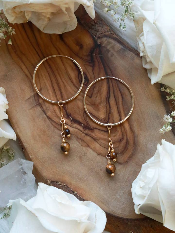 Tiger's Eye Drip Gold Hoop Earrings for wholesale by Malabella Jewels