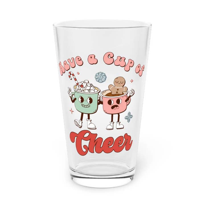 Retro Christmas Cheer Printed Tumbler Glass Cup for wholesale by Home and Honey Shop
