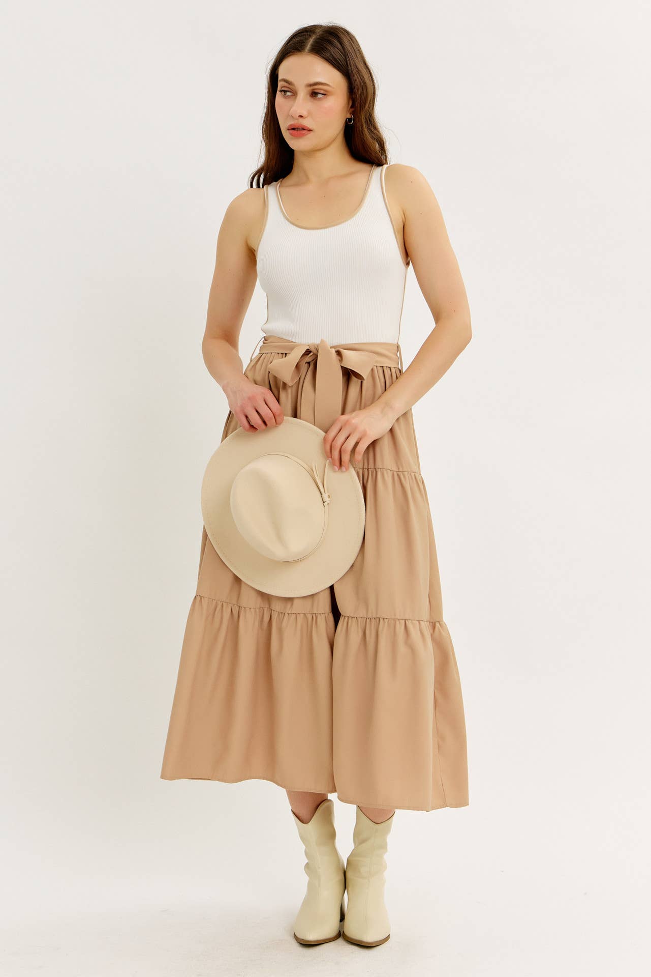 idem ditto - Wholesale Dress - Women's - MIXED MEDIA TIERED RUFFLE SWEATER TANK MIDI DRESS WITH BELT13