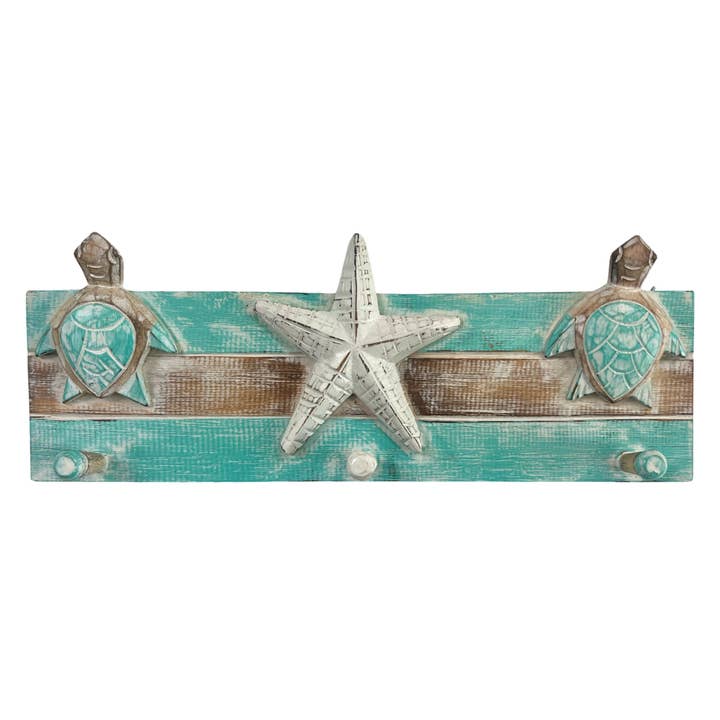 Bamboo Source Tropical Decor - Wholesale Wall Hook - Aqua Turtle & Starfish Peg Hanger