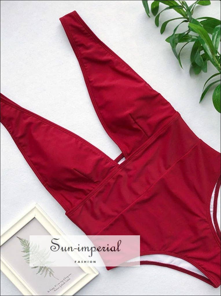 Sun Imperial - Wholesale One Piece Swimsuit - Women's - Women Plain Wine Red One Piece Swimsuit With Deep V Cut0