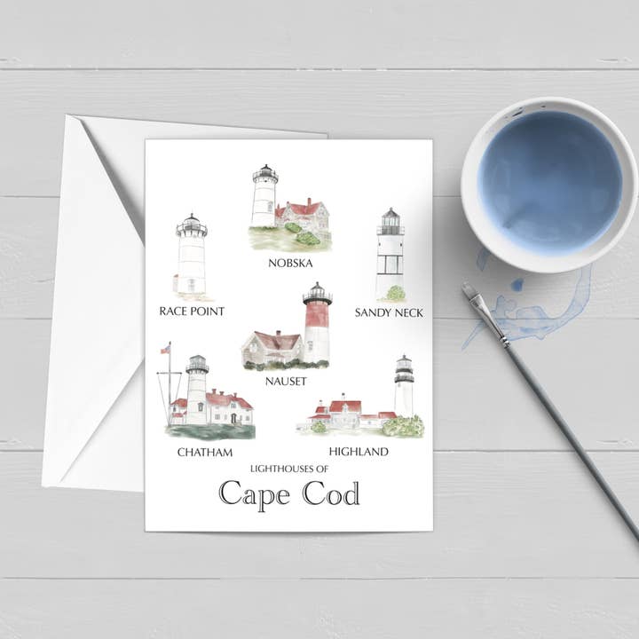 Biglietto di auguri ad acquerello con fari di Cape Cod per la vendita all'ingrosso da parte di WonderfullyWrittenCo