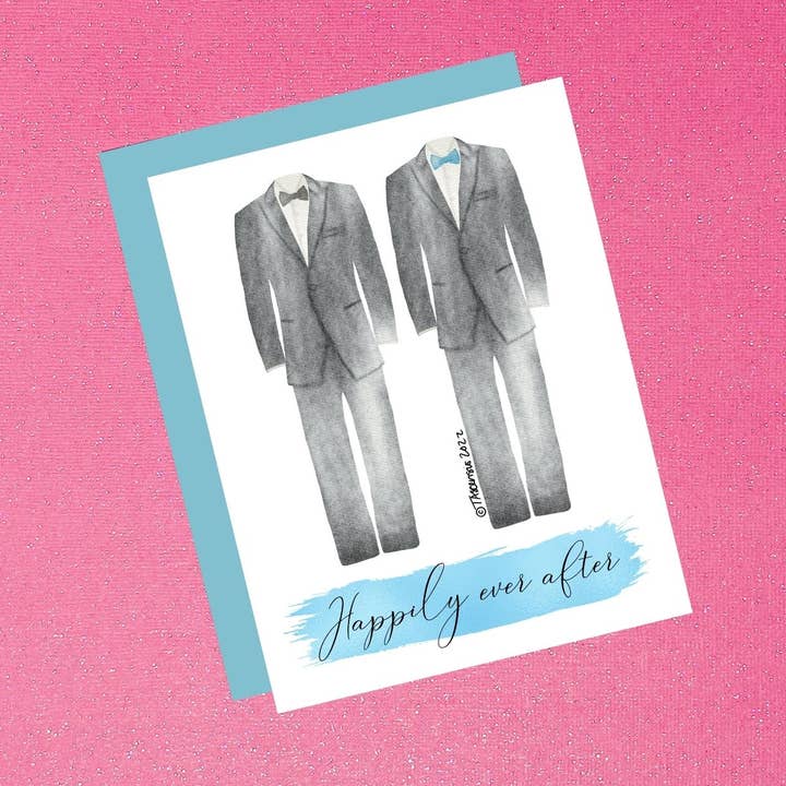 Happily Ever After Two Grooms Tux huwelijks- en jubileumkaart voor wholesale door Tiffany Ascensio Designs | Watercolor Greeting Cards