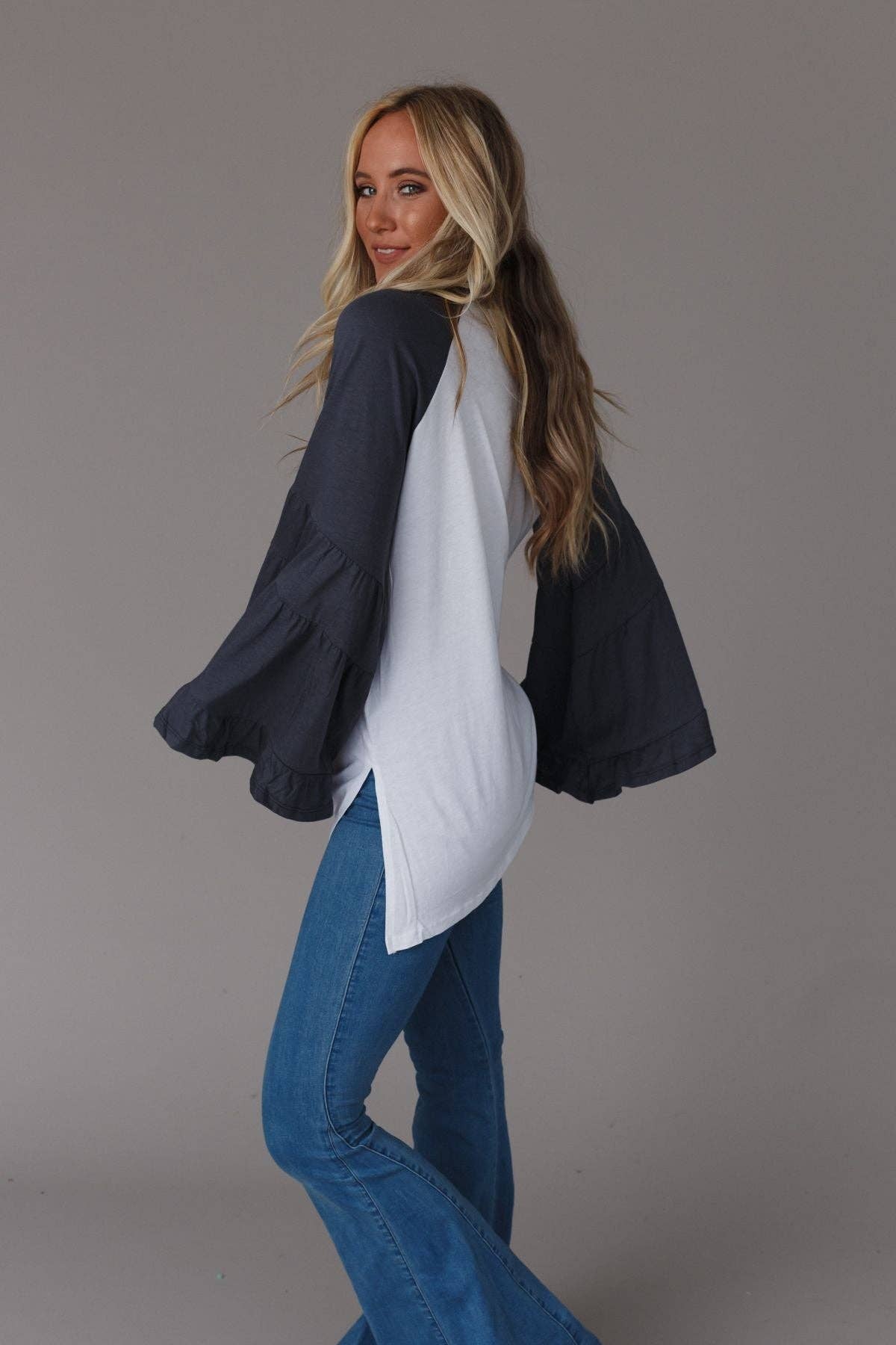 Three Bird Nest - Wholesale Tunic - Women's - Bell Sleeve Baseball Tee - Charcoal4