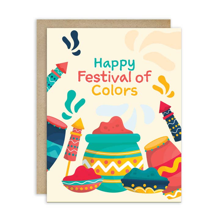 Carte de vœux Holi avec tambours | Joyeux festival des couleurs avec des fusées pour la vente par Cute Asian Cards