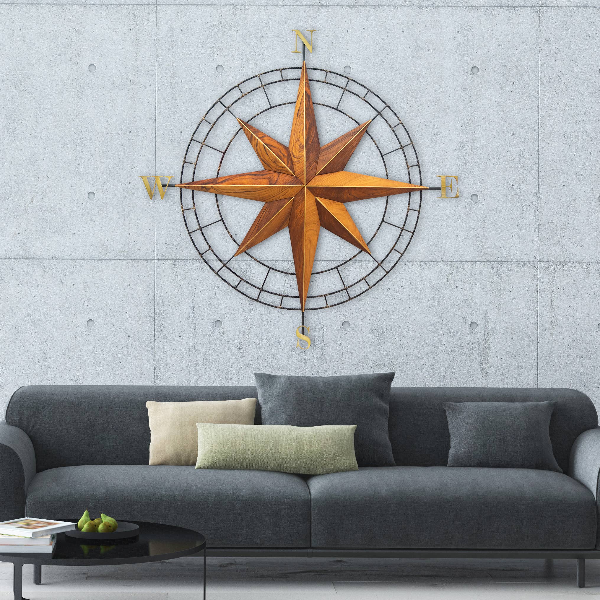 Copper Art - Wholesale Wall Accent - Compass Rose I (Hand Carved Teak and SS)2