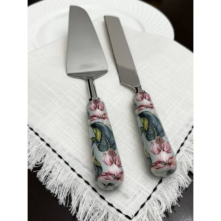 Vibhsa - Wholesale Serving Utensil - Cake Cutting Knife & Server with Mint Floral Meenakari Work