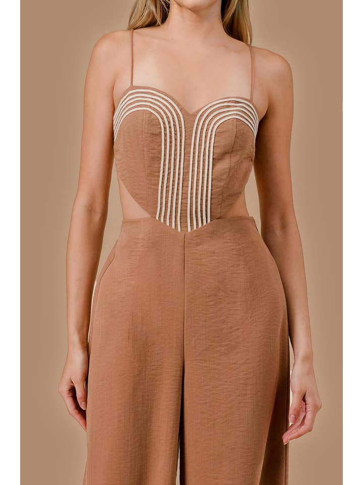 MOCHA AJWS1138E_COTTON CODING DETAIL WOVEN JUMPSUIT for wholesale on Faire5