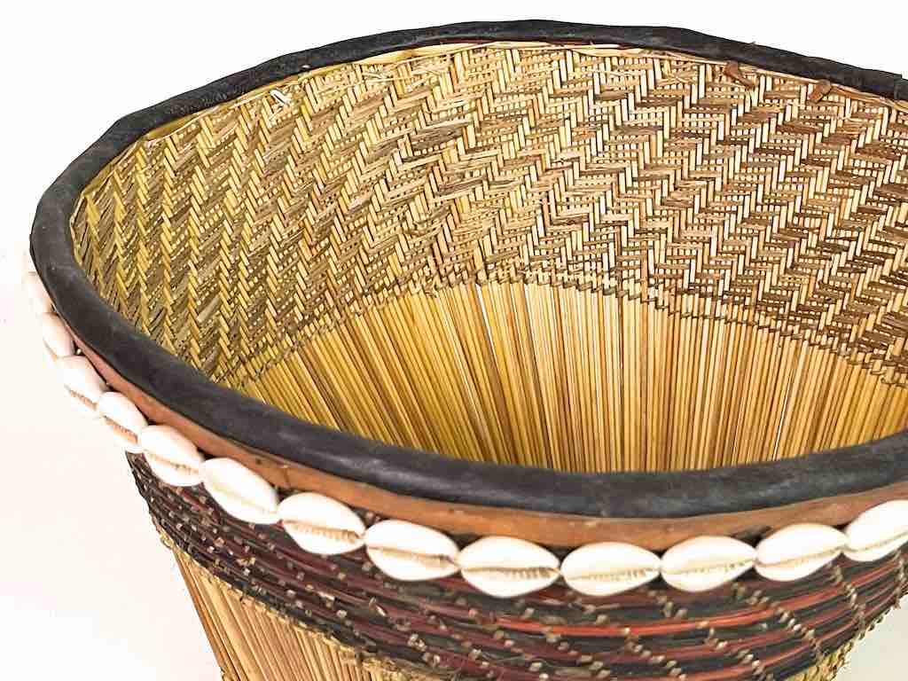 The Niger Bend - Wholesale Basket - Mossi Square-bottom Round-top Leather & Cowrie Shell Trim Straw Basket2