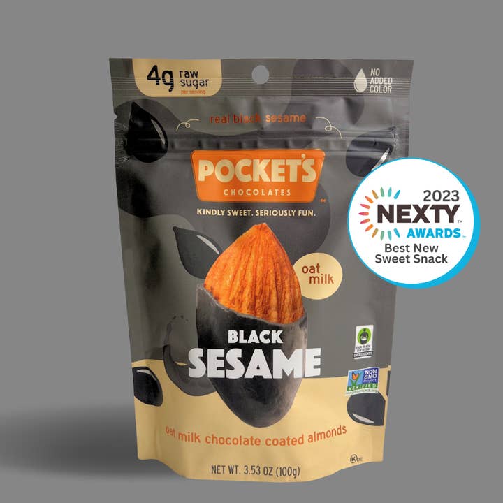 Pocket's Chocolates (Formerly Pocket Latte) - Wholesale Chocolate Covered Sweets - Black Sesame Chocolate Almonds, 3.53 oz Standing Pouch1