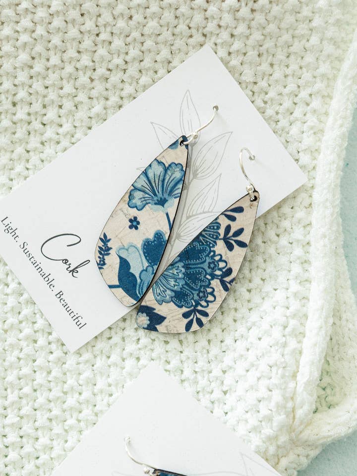 Blue and White Floral Cork Earrings - Small Wing for wholesale by Hello Lovely Cork Co.