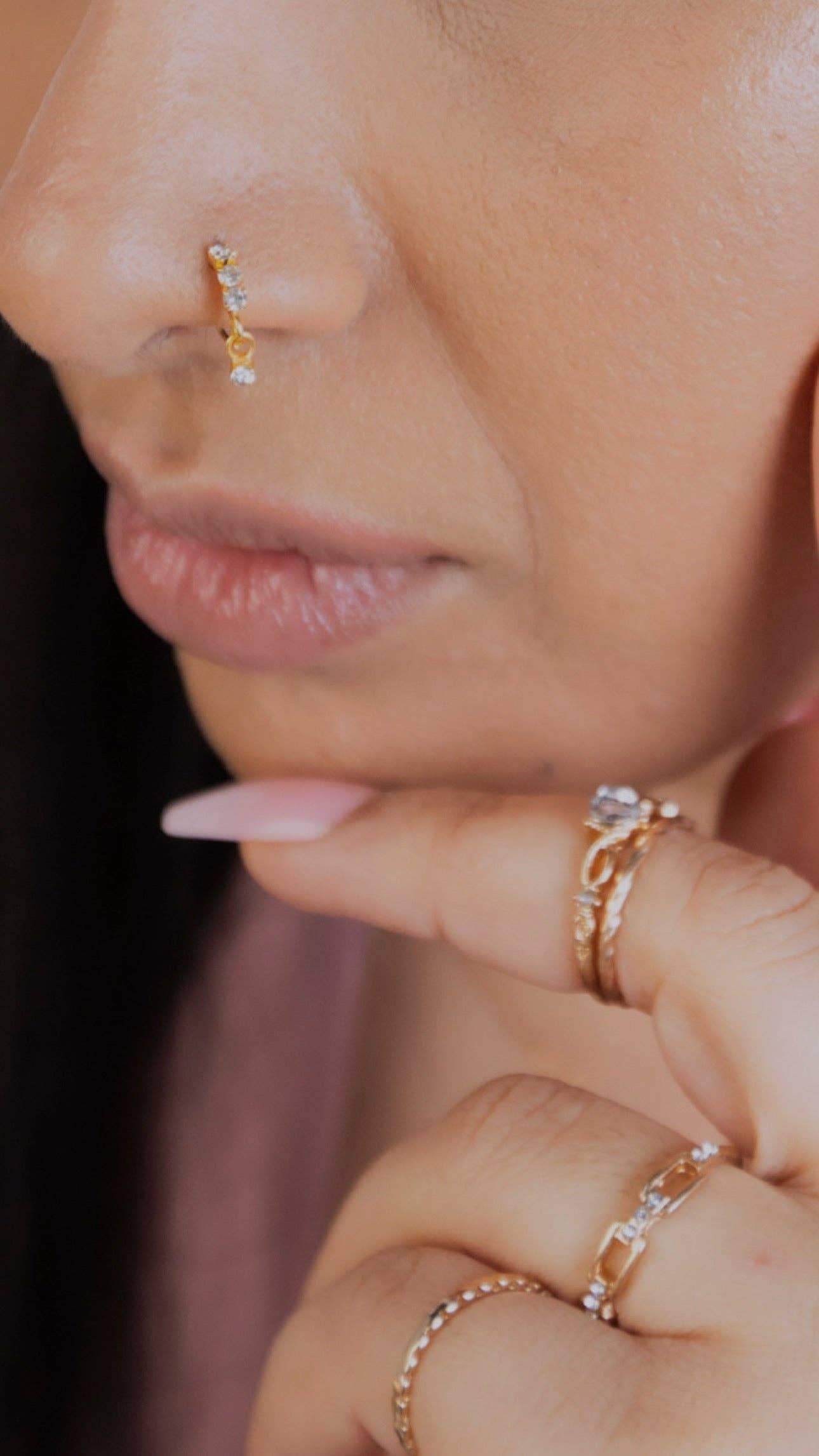 Purple 3 Stone Thick Gold Dangle Nose Ring For a Pierced Nose for wholesale on Faire4