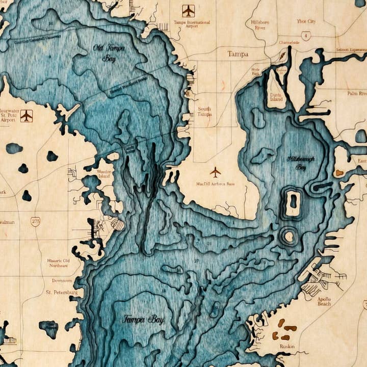 Sea & Soul Nautical Chart Art - Wholesale Map - Tampa Bay Nautical 3D Wood Map Wall Art, Coastal Home Decor