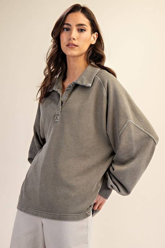 Sunday Morning - Wholesale Sweatshirt - Women's - T170037 LONG SLEEVE MINERAL WASHED POLO SWEATSHIRT14