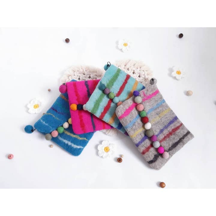 100% Wool Felted Rainbow Purse With Wool Ball Detail 4 color for wholesale by LeisTextileStudio