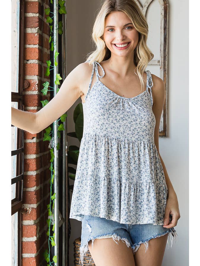 7th Ray - Wholesale Tunic - Women's - Floral Tiered Babydoll Adjustable Tie Flared Cami Top T4784