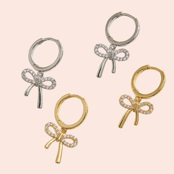 14K Gold-Dipped Bow Charm Huggie Hoop CZ Earrings for wholesale by Fashion City