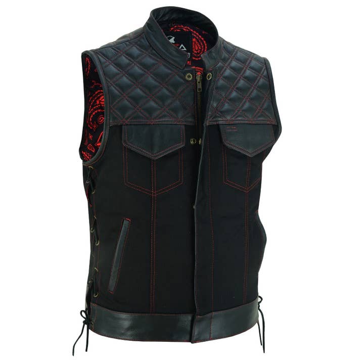 Mens Red Diamond Quilted Hunting Club Cut Off Vest With Lace for wholesale by Lesa collection