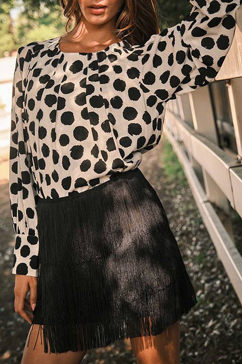 Black SOLID ELASTIC WAIST TIERED FRINGE MINI SKIRT for wholesale on Faire