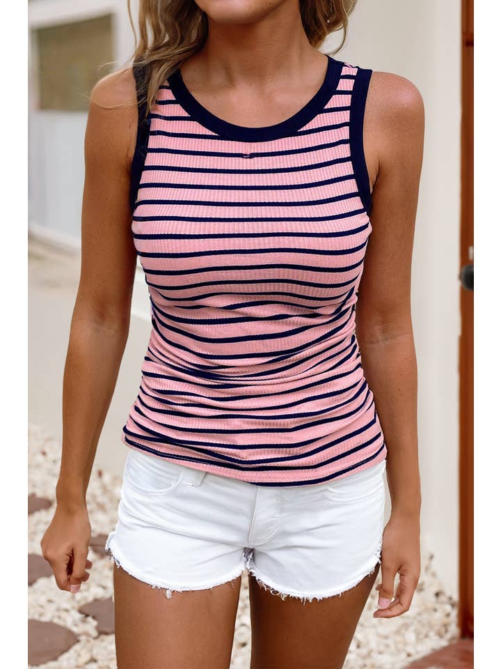 Black LDC Stripe Contrast Round Neck Sleeveless Slim Top for wholesale on Faire