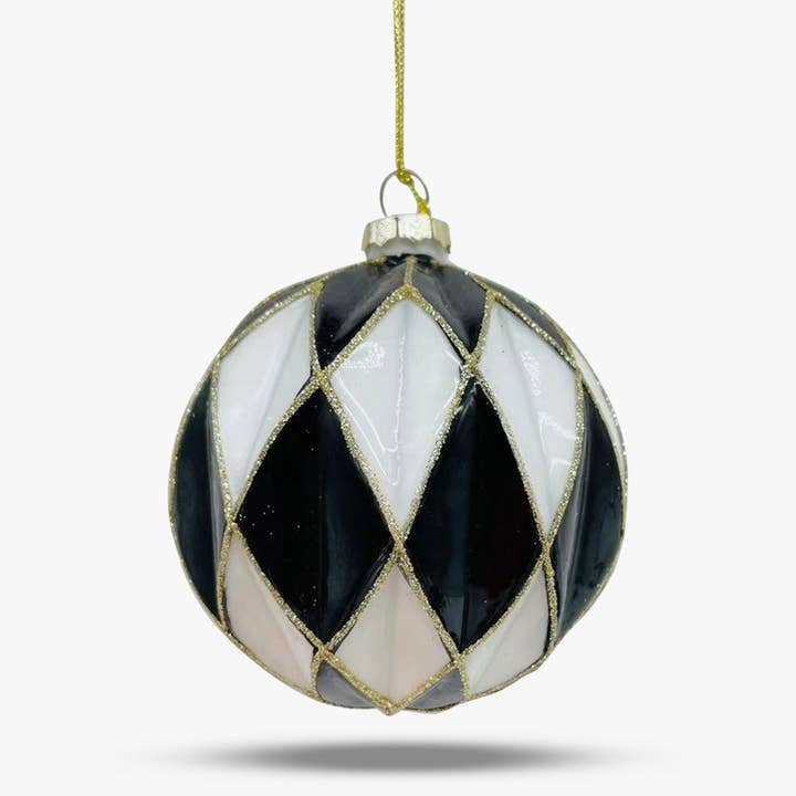 FancyFace Designs - Wholesale Ornament Set - Black & White Large Harlequin Glass Ball Ornament - Set of 6
