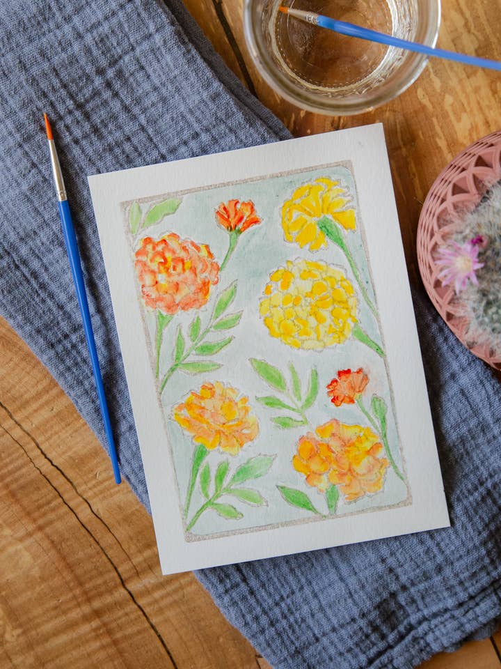 5x7 Marigolds Watercolor Art Card Kit for wholesale by Ashes & Arbor