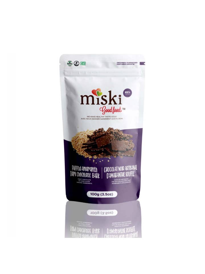 Puffed Amaranth Dark Chocolate Bark for wholesale by Miski Organics