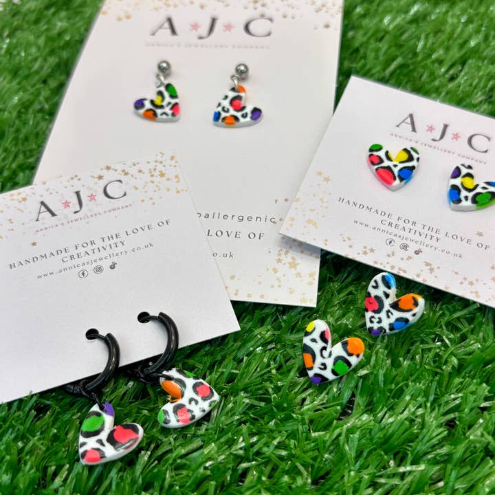 Bright Rainbow Leopard Print Hearts for wholesale by Annica’s Jewellery Co