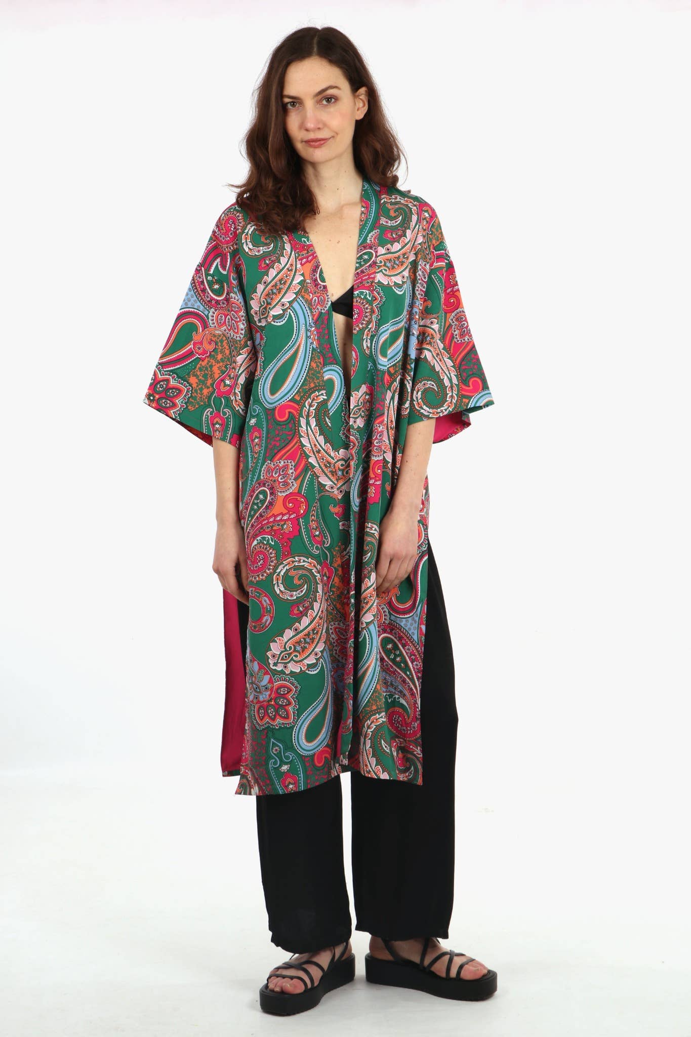Sarta - Vente Kimono – femme - Veste kimono mi-longue à imprimé cachemire en vert