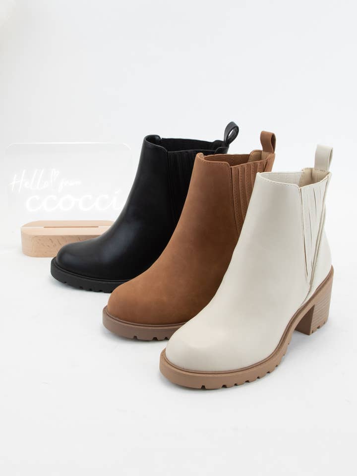 BONE PU WISELY CHUNKY BLOCK HEEL PULL ON ANKLE BOOTIES for wholesale on Faire