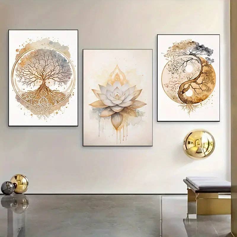 Huis Van Merken – Galeria para parede por atacado – Conjunto de Arte em Tela Árvore da Vida & Flor de Lótus, 3 peças - Impressões Decorativas Modernas para Parede0