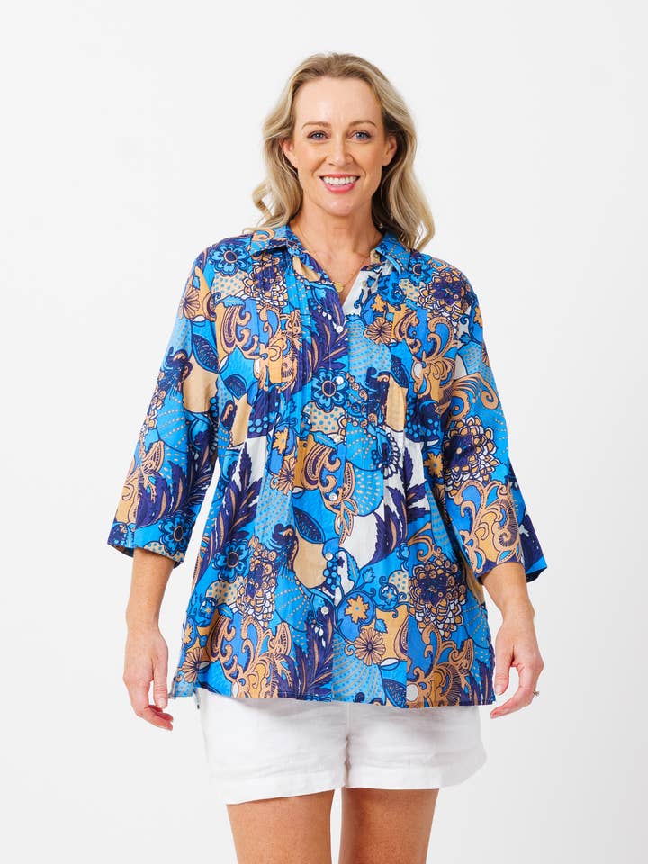 Maroochy Collared Shirt in Kaleido Blue for wholesale by Mozaic by Euro Dreaming