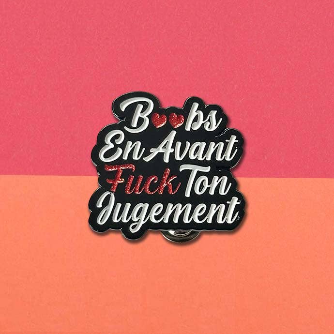 "Boobs Forward!" enamel pin for wholesale by Poulettes Sisters