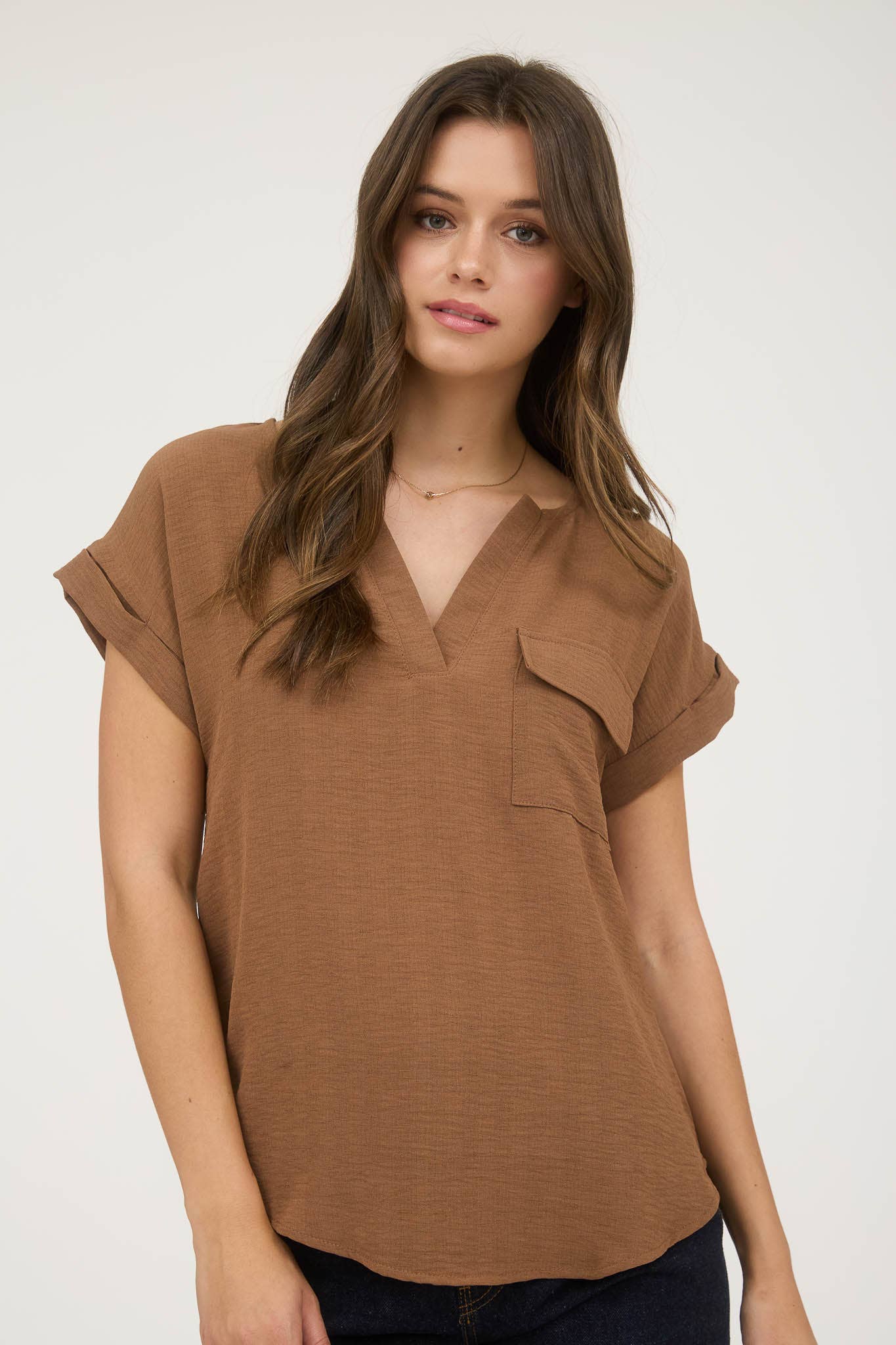 Blu Pepper - Wholesale Blouse - Women's - SPLIT NECK BACK BUTTON SHORT FOLD SLEEVE BLOUSE15