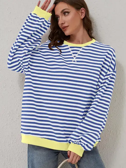 Lovesoft - Wholesale Sweatshirt - Women's - Trendy Oversized Striped Sweatshirt with Bold Trim12