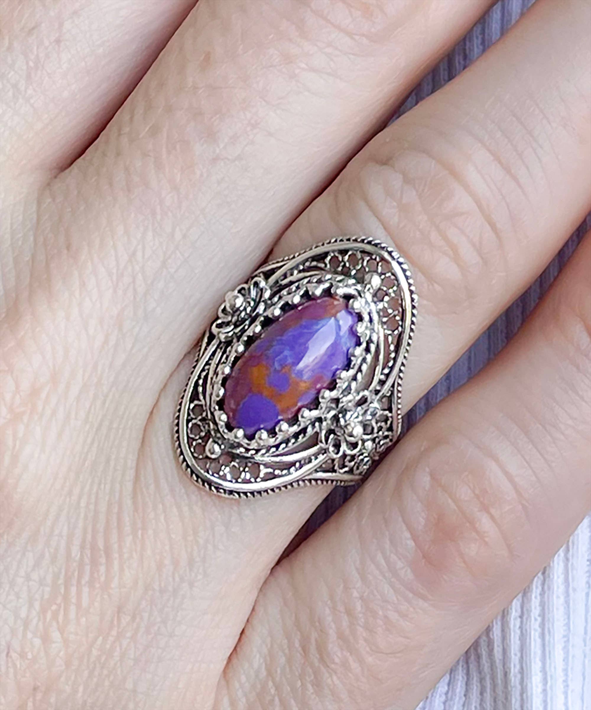 Filigranist Jewelry - Vente Bague de cocktail/de cérémonie - Bague de cocktail en argent sterling pour femme en forme de filigrane Mojave, turquoise, pierre précieuse6