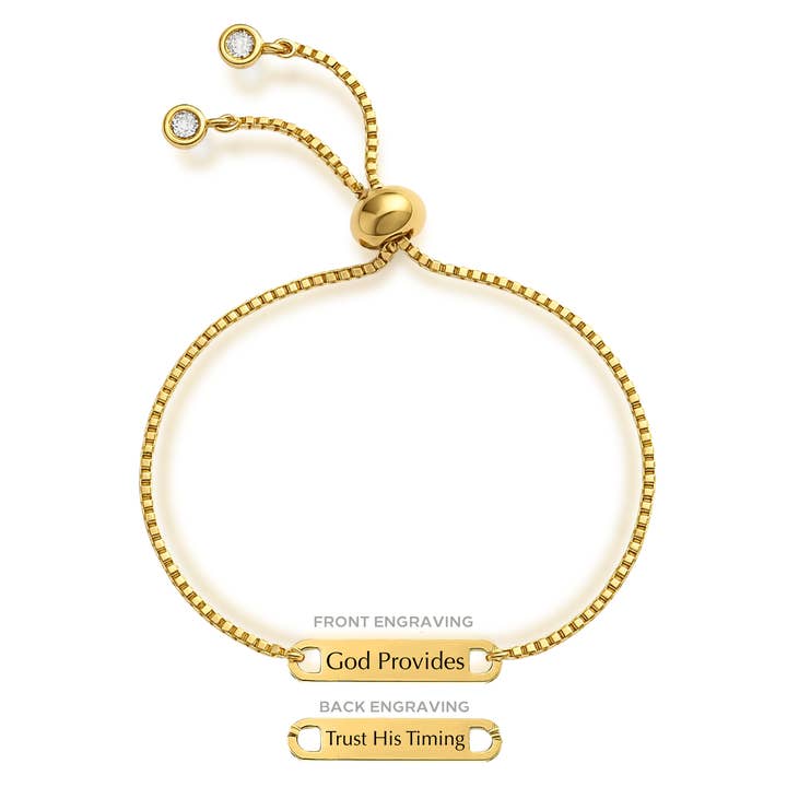 'God Provides, Trust His Timing' Engraved Adjustable Bracelet in Gold and Silver and other Purchase Wholesale accessori cani. Free Returns & Net 60 Terms on Faire trending on Faire.