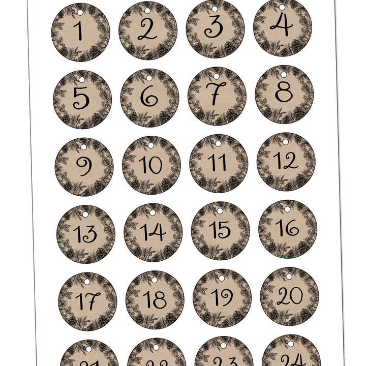 24 ANHÄNGER ADVENTSKALENDERZAHLEN 1 - 24 • Zweige schwarz für den Großhandel von fioniony®